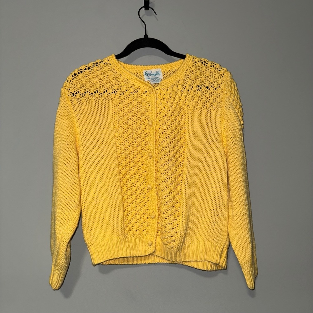Vintage Pappagallo Handknit Yellow Ramie Cotton Blend Cardigan Sweater Size L‎